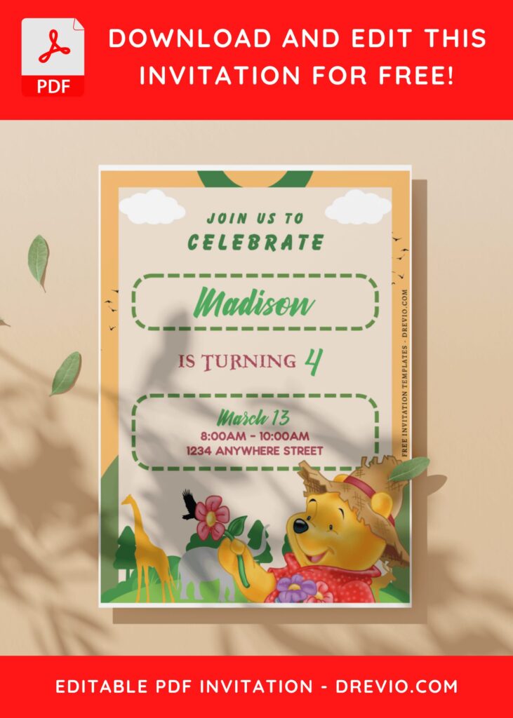 (Free Editable PDF) Adorable Pooh & Friends Birthday Invitation Templates C