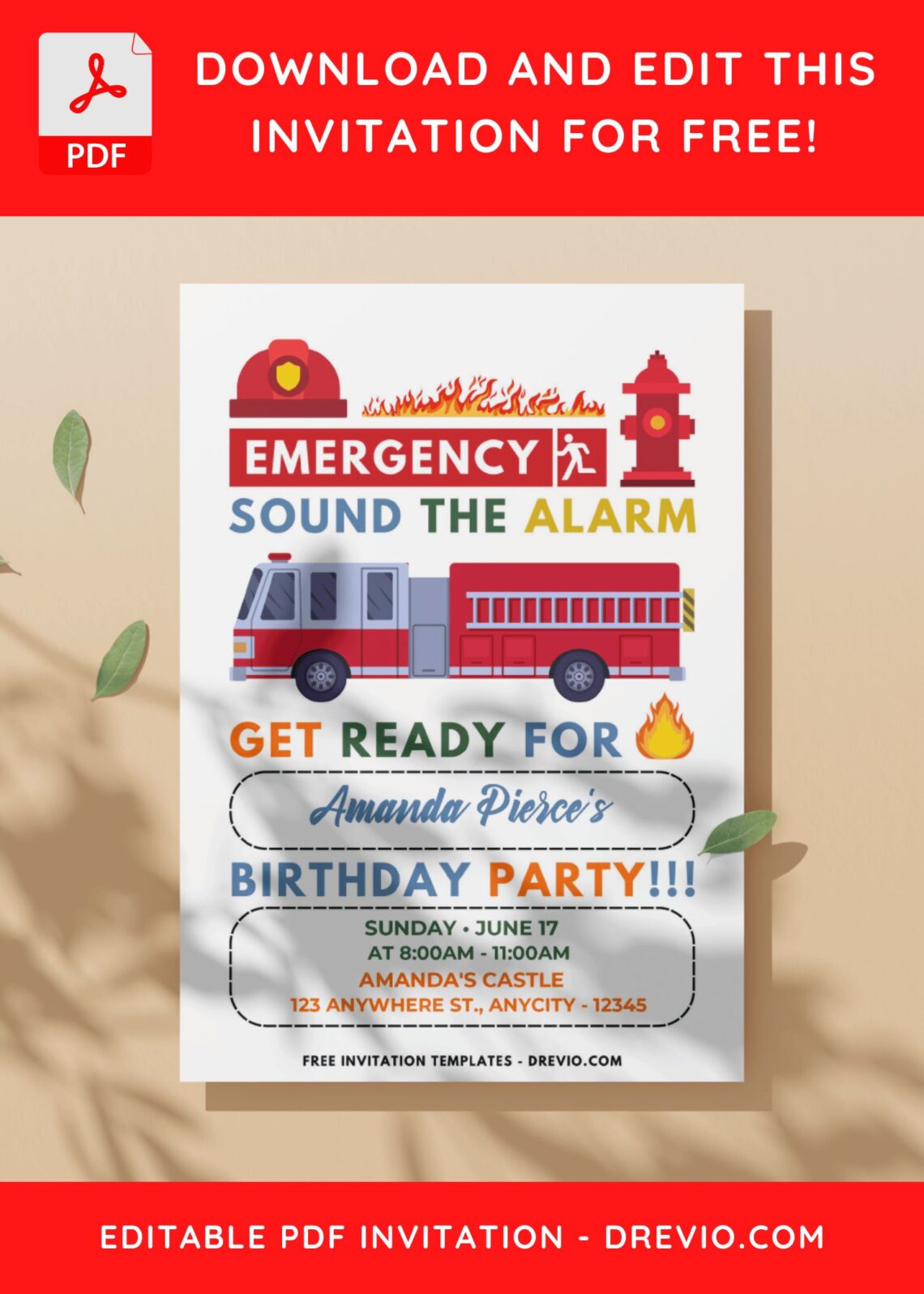 (Easily Edit PDF Invitation) Cute Firefighter Birthday Invitation Templates C