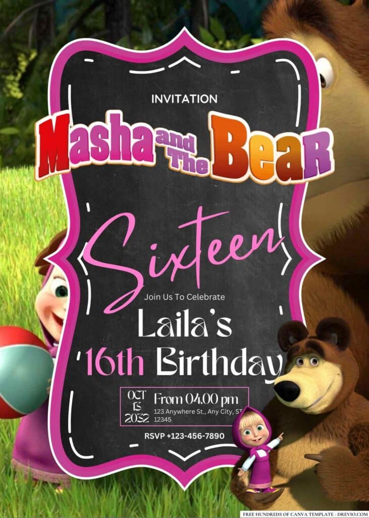 FREE Masha and the Bear Birthday Invitations