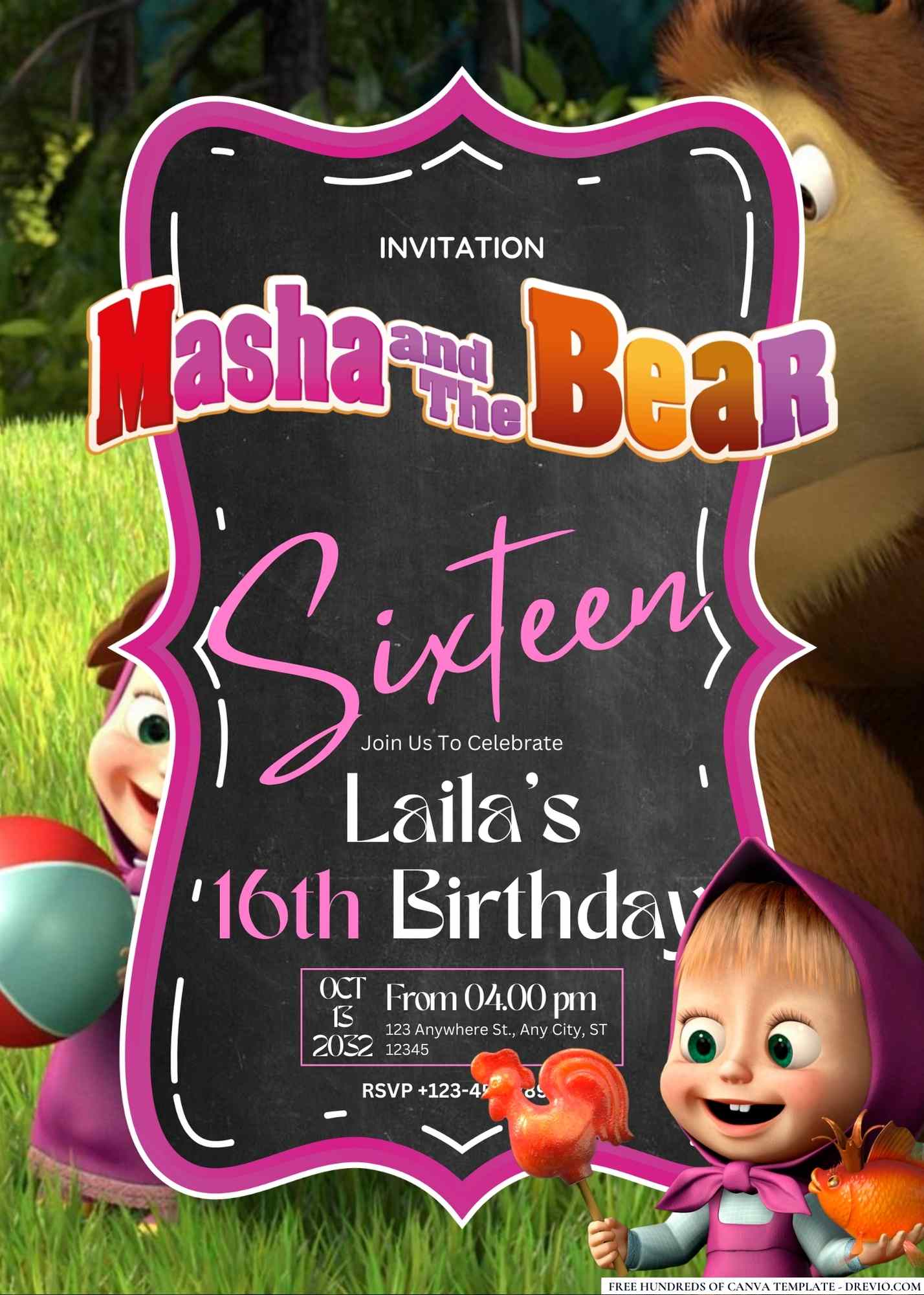 FREE-Masha And The Bear-Birthday-Canva-Templates (7) | Download ...