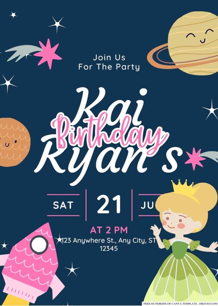 FREE Space Princess Birthday Invitations