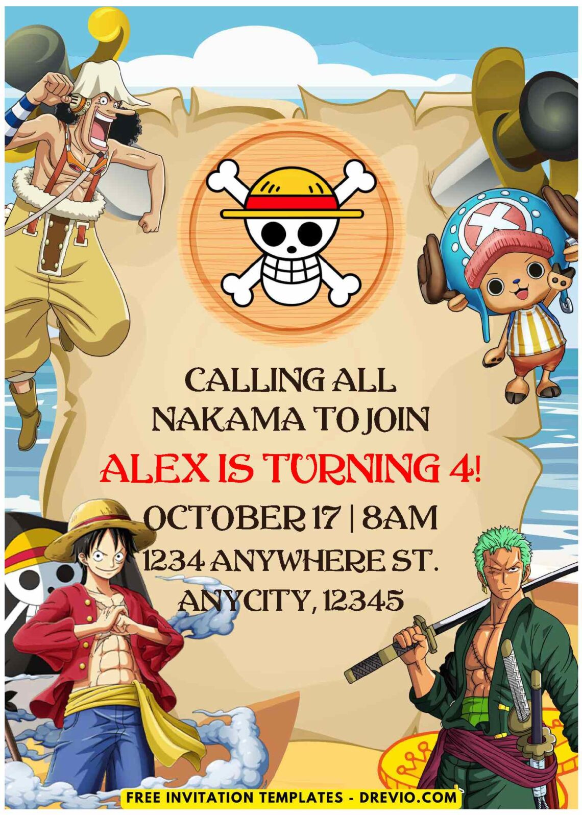 (Easily Edit PDF Invitation) One Piece Anime Birthday Invitation Templates A