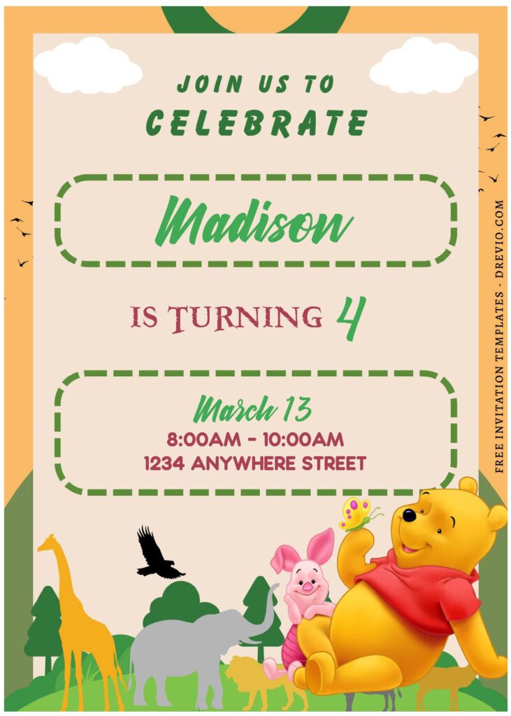 (Free Editable PDF) Adorable Pooh & Friends Birthday Invitation Templates D