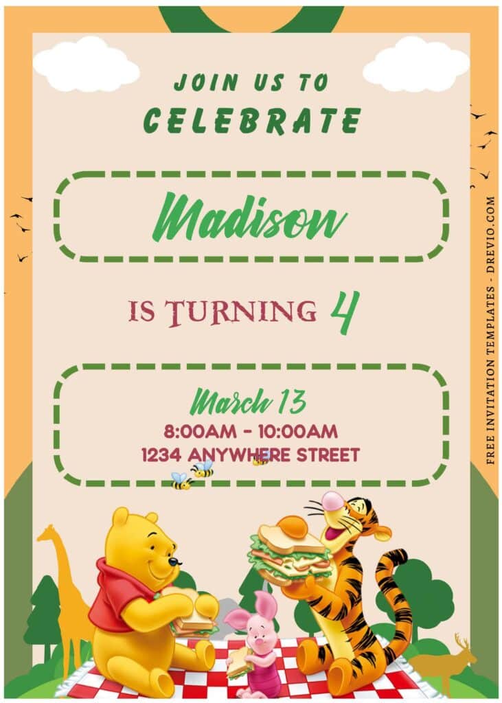 (Free Editable PDF) Adorable Pooh & Friends Birthday Invitation Templates E