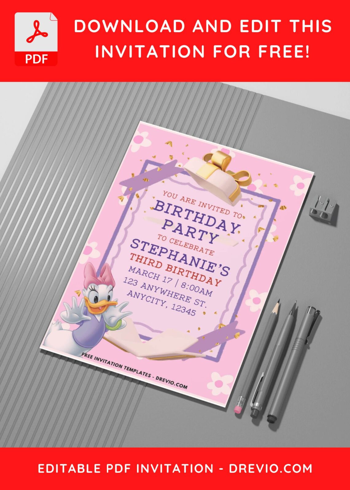 (Easily Edit PDF Invitation) Lovely Daisy Duck Birthday Invitation C