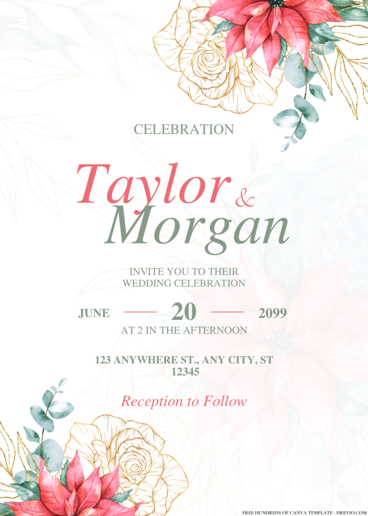 Floral Bouquet Red and Line Gold Wedding Invitations