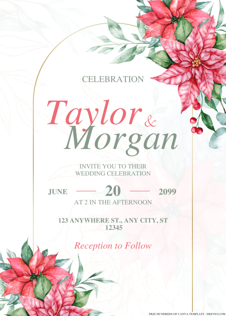 Floral Bouquet Red and Line Gold Wedding Invitations