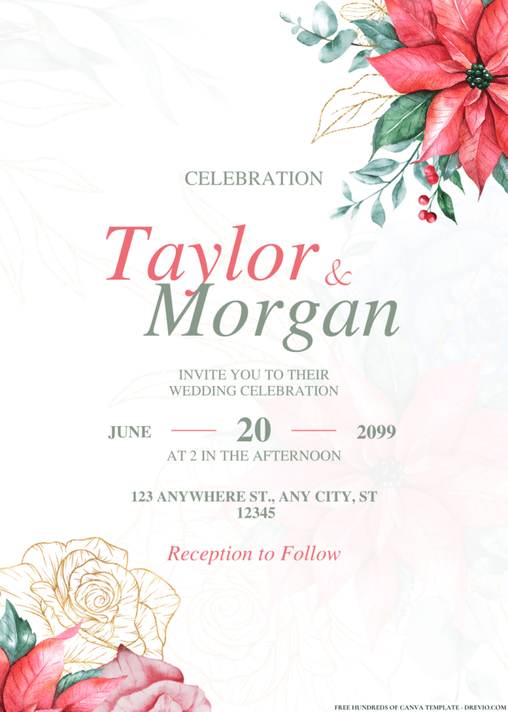 Floral Bouquet Red and Line Gold Wedding Invitations
