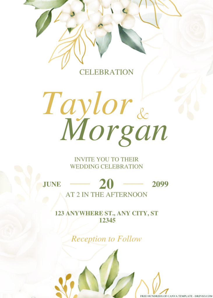 Gold Line and White Roses Wedding Invitations