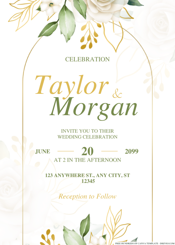 Gold Line and White Roses Wedding Invitations