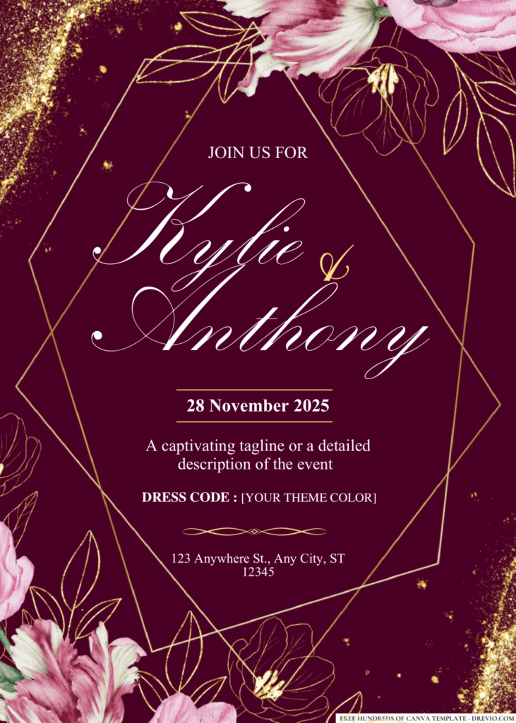 Pink Tulip Gold Line Wedding Invitations