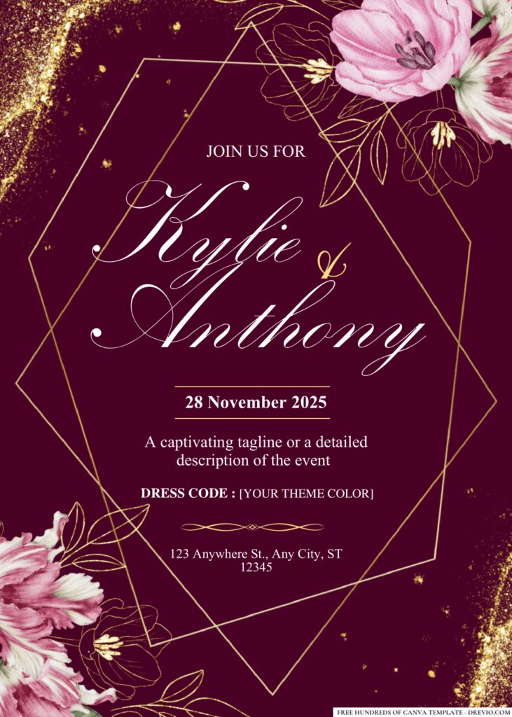 Pink Tulip Gold Line Wedding Invitations