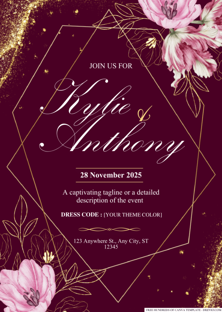 Pink Tulip Gold Line Wedding Invitations