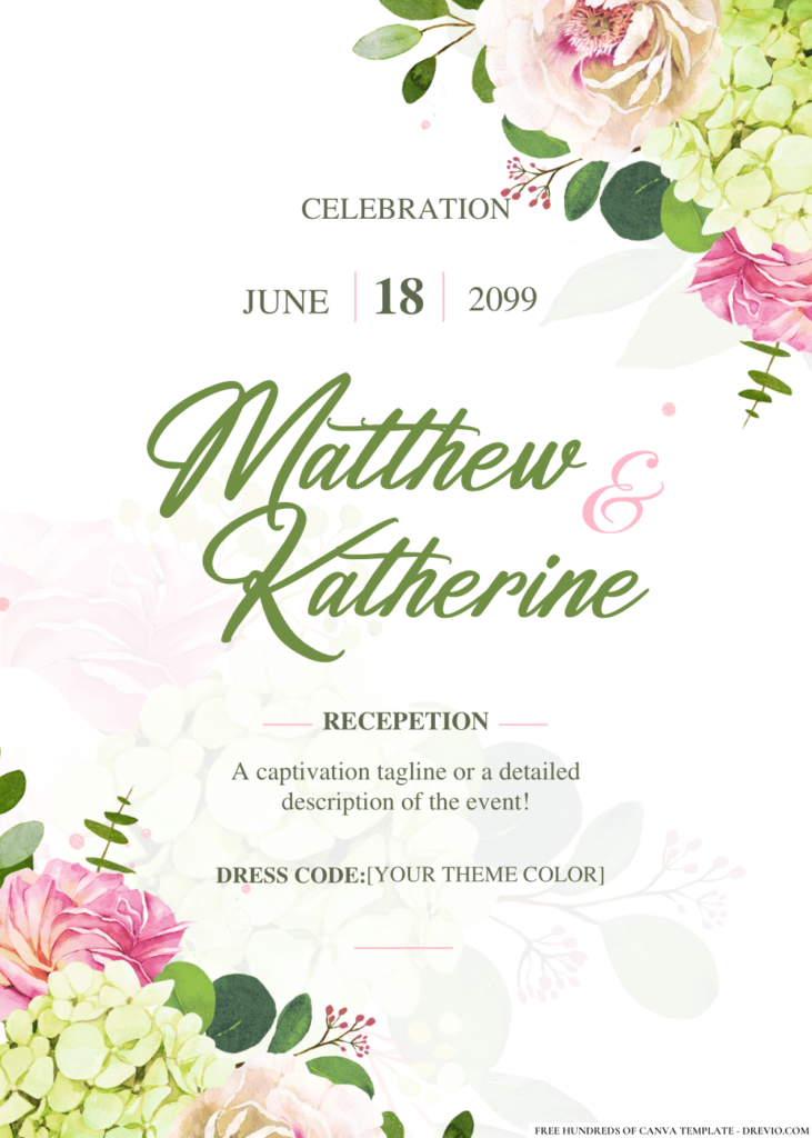 Greenery Pink Bouquet Flowers Wedding Invitation