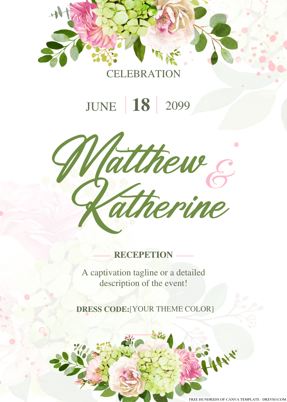 Greenery Pink Bouquet Flowers Wedding Invitation