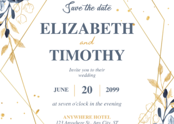 Dark Blue Gold Line Floral Wedding Invitations