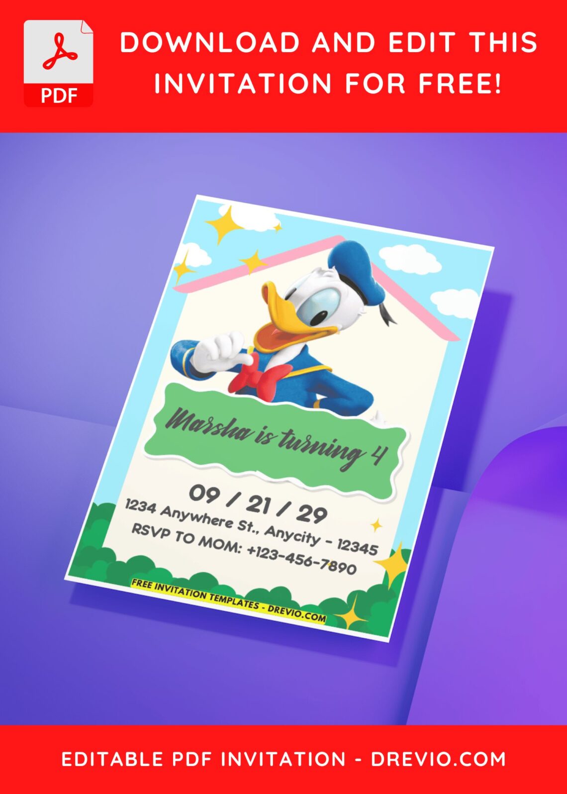 (Easily Edit PDF Invitation) Donald Duck Disney Birthday Invitation H