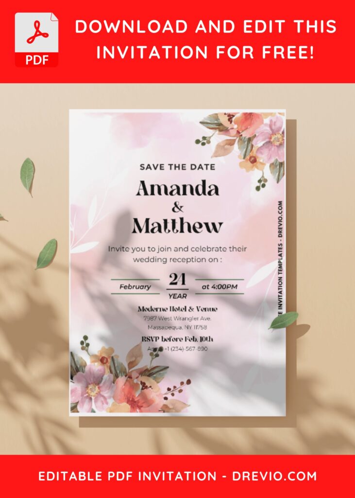 (Easily Editable PDF Invitation) Ombre Watercolor Floral Wedding Invitation B