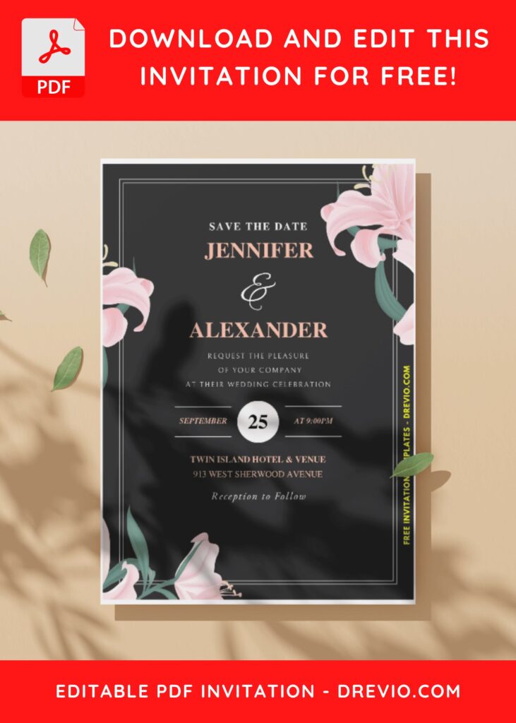 (Easily Edit PDF Invitation) Aesthetic Watercolor Lily Wedding Invitation C