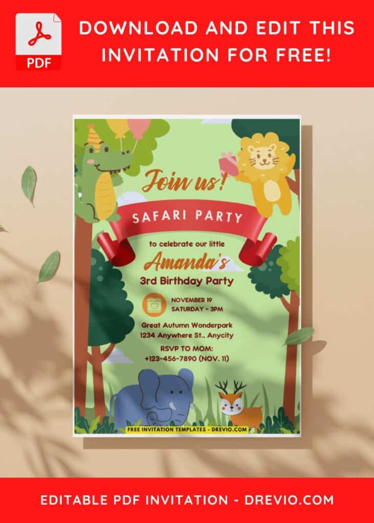 (Easily Edit PDF Invitation) Lovely Wild Animal Jungle Birthday Invitation C