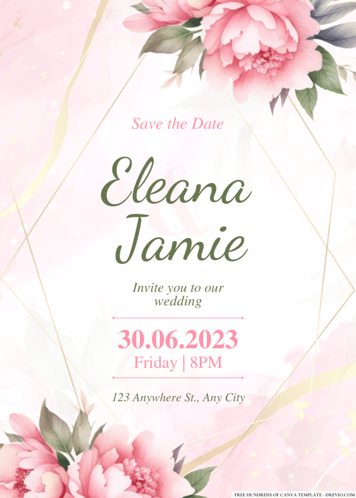 Geometric Floral Wedding Invitation With Ombre Blush & Gold Background