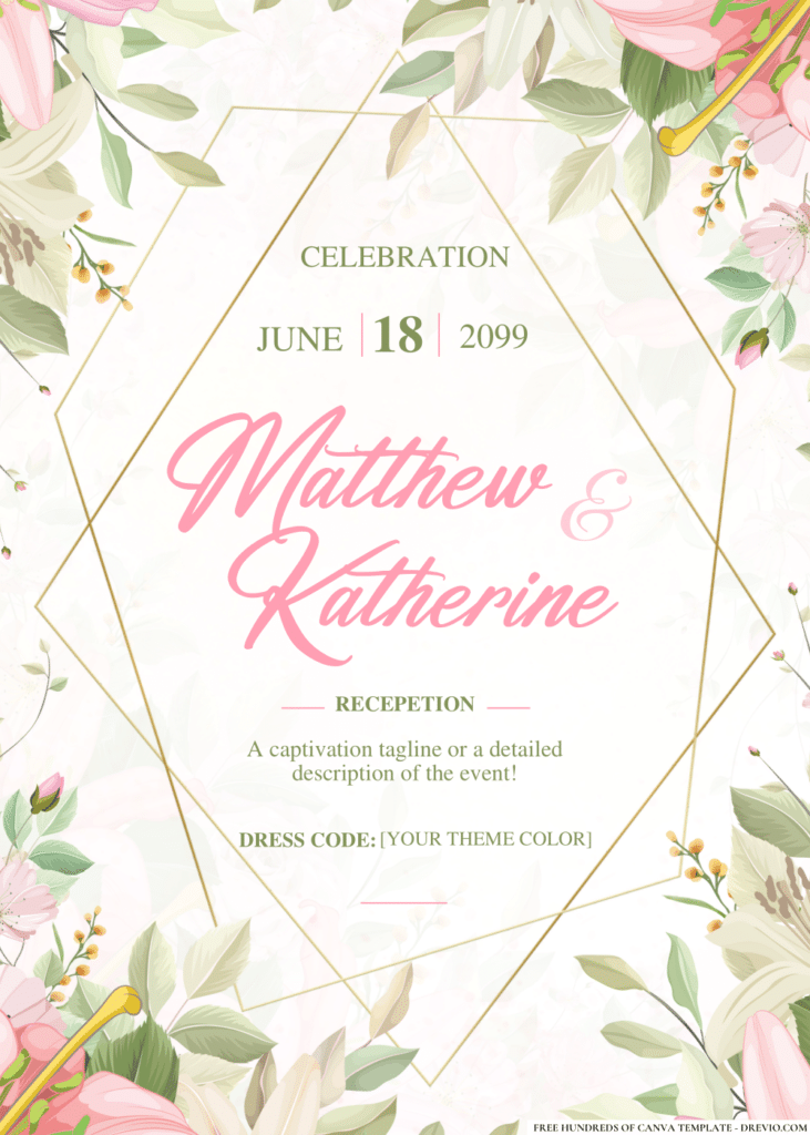 Pink Rose and Green Leaves Wedding Invitations