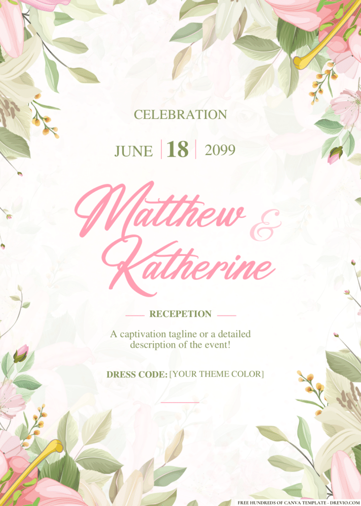 Pink Rose and Green Leaves Wedding Invitations