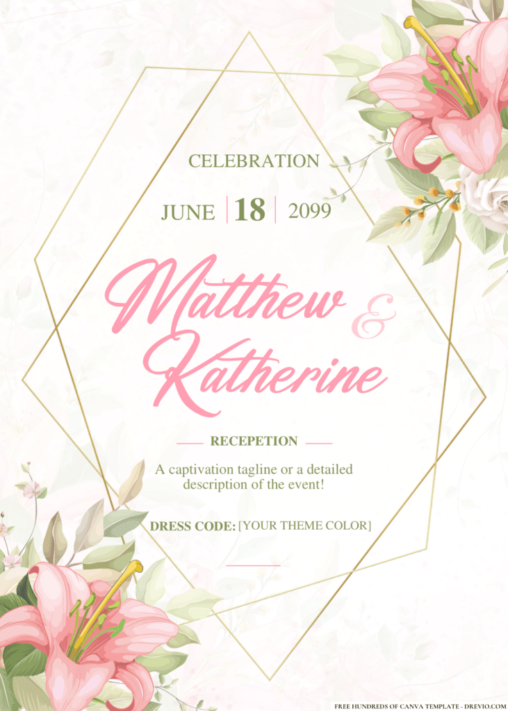 Pink Rose and Green Leaves Wedding Invitations