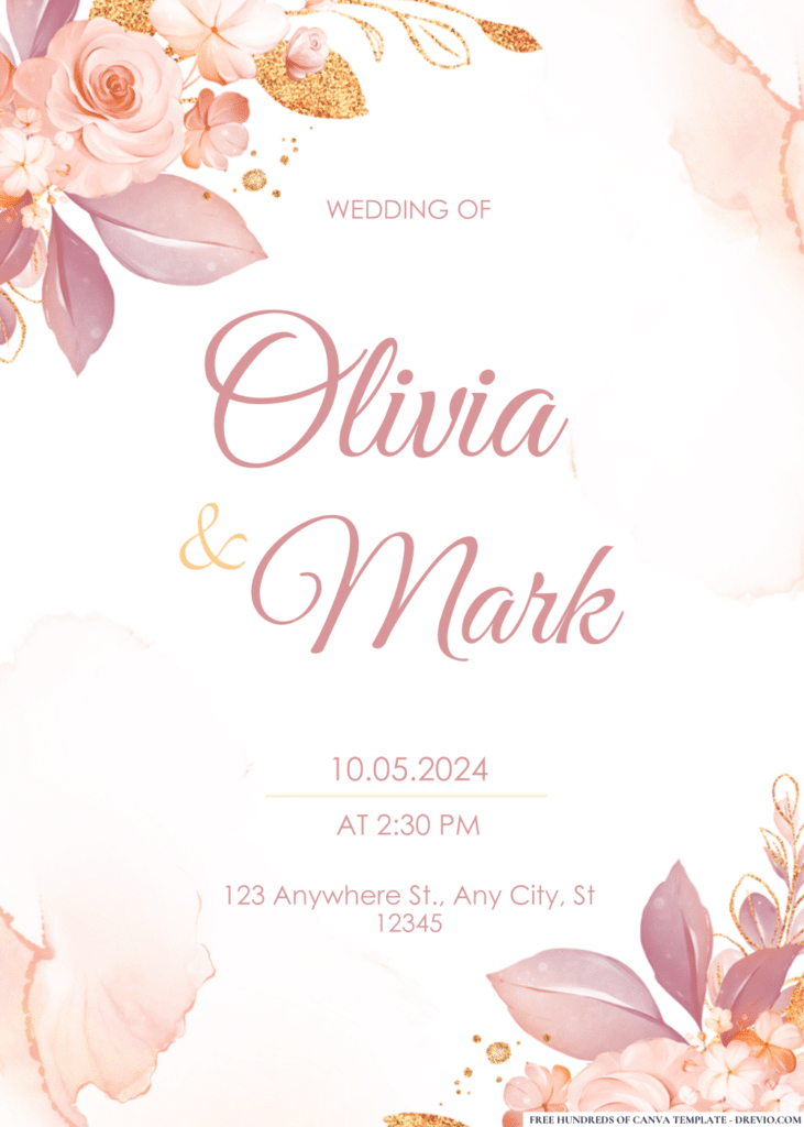 Pink Gold Floral Border Wedding Invitations