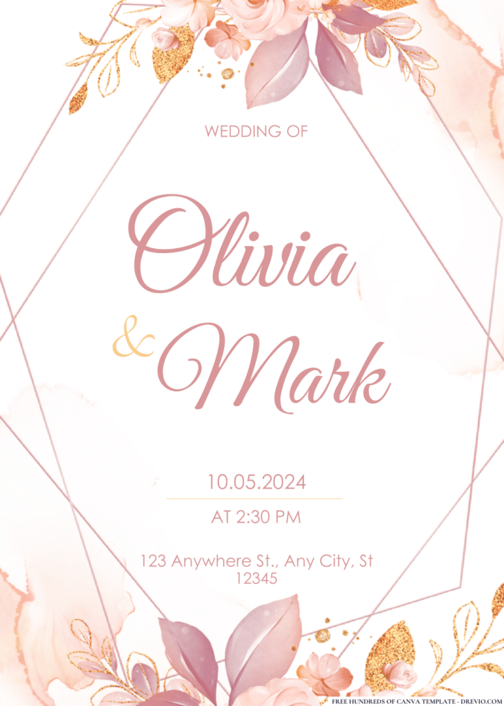 Pink Gold Floral Border Wedding Invitations