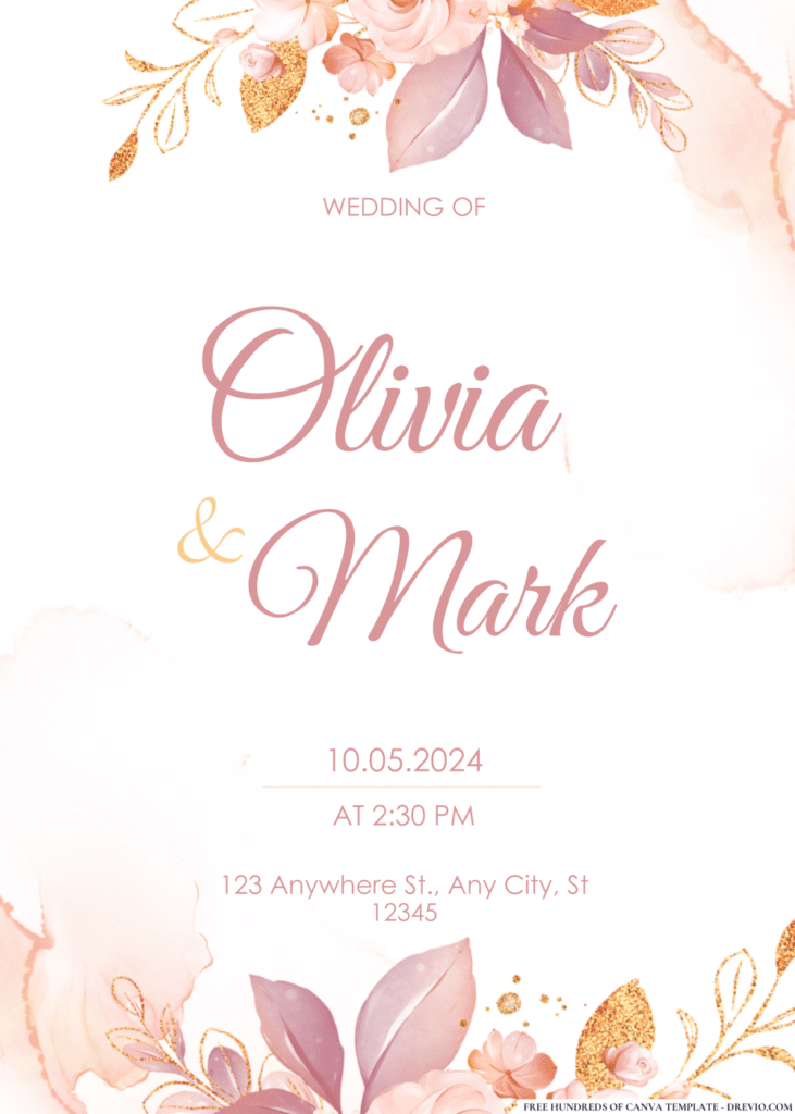 Pink Gold Floral Border Wedding Invitations