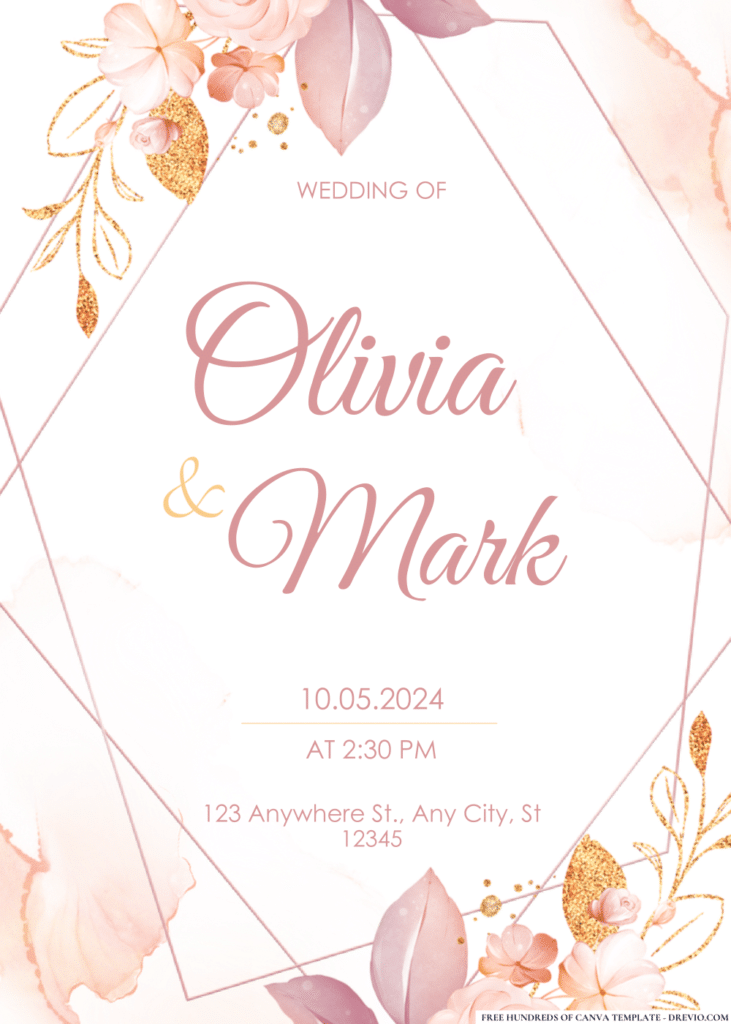 Pink Gold Floral Border Wedding Invitations