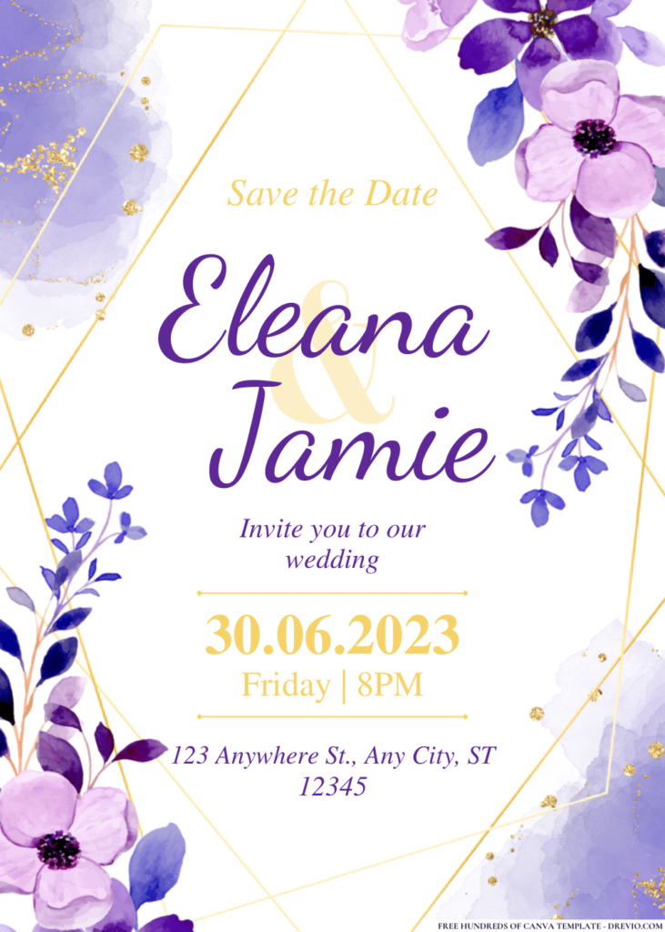 Purple Watercolor Flower Bouquet Wedding Invitations