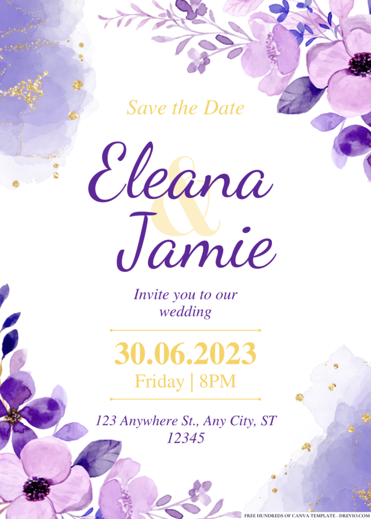 Purple Watercolor Flower Bouquet Wedding Invitations