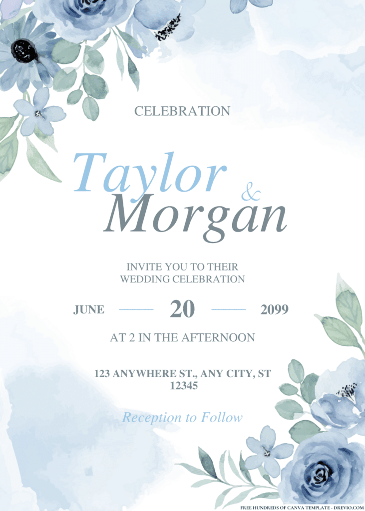 Blue Pastel Floral Bouquet Wedding Invitations