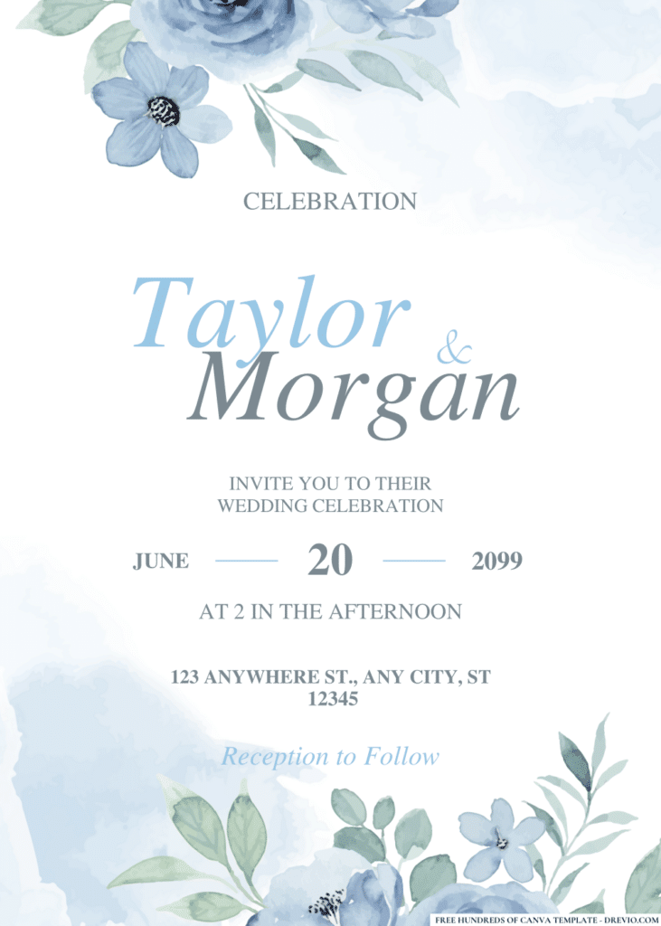 Blue Pastel Floral Bouquet Wedding Invitations