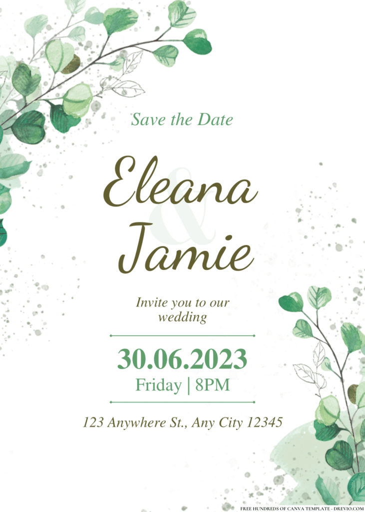Green Watercolor Leaf Branch Wedding Invitations