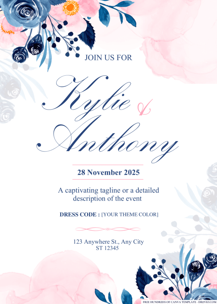 Pink Blue Floral Wedding Invitations