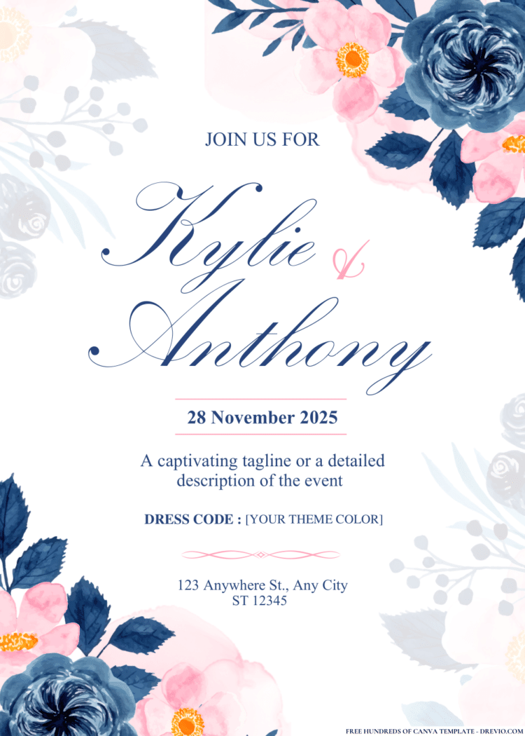 FREE PDF Invitation – Pink Blue Floral Wedding Invitations | Download ...