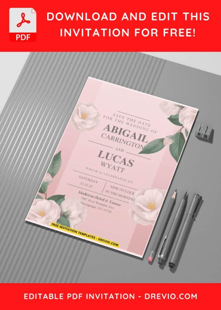 (Easily Edit PDF Invitation) Delightful Camellia Flower Wedding Invitation G