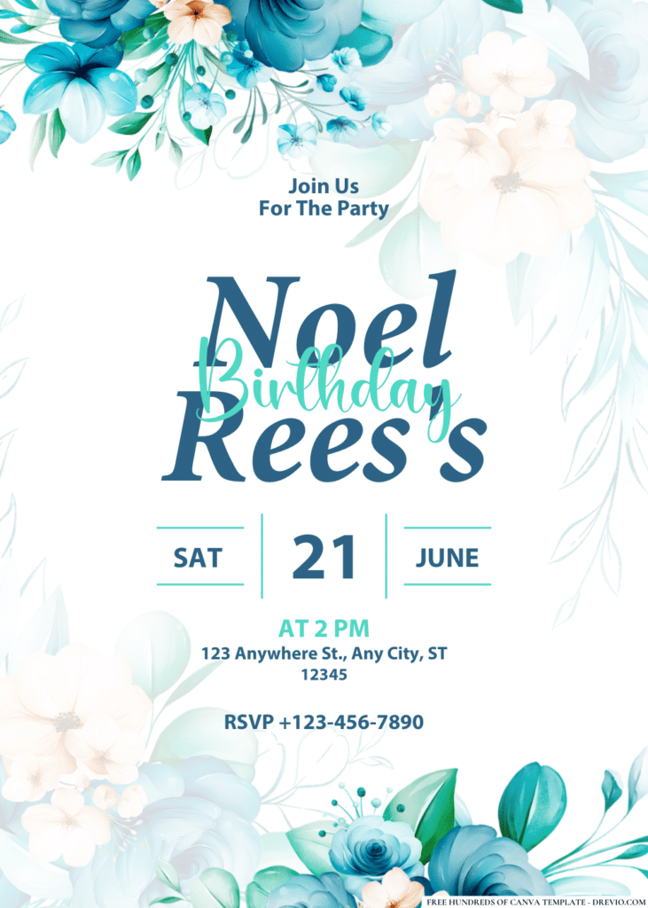 Blue Flowers Watercolor Birthday Invitations