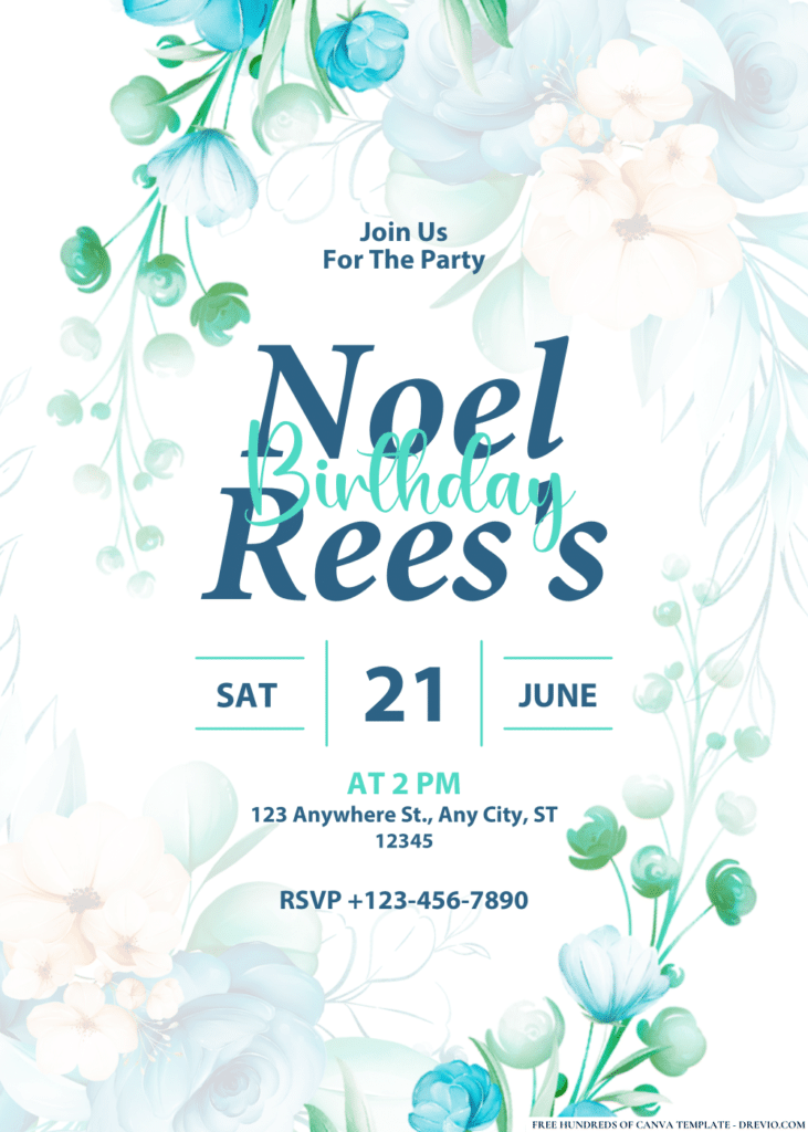 Blue Flowers Watercolor Birthday Invitations