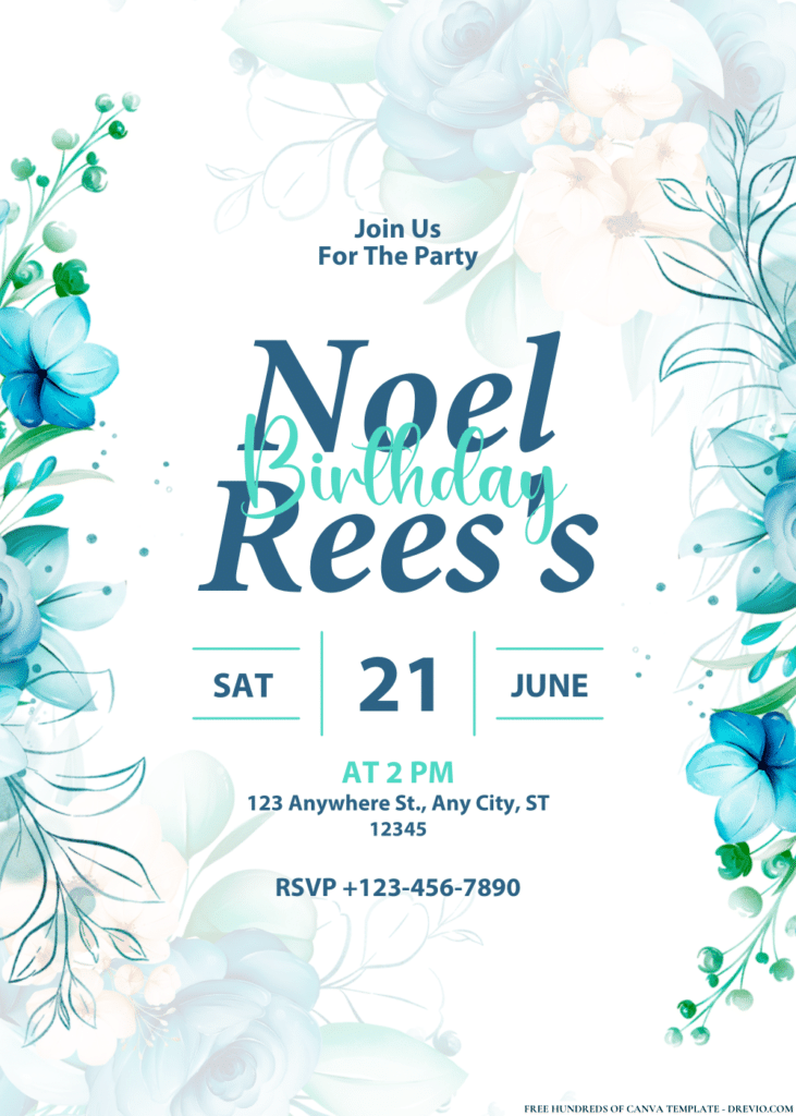 Blue Flowers Watercolor Birthday Invitations