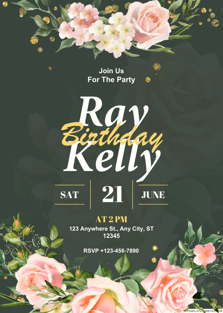 Rose Flower Bouquet Watercolor Birthday Invitations