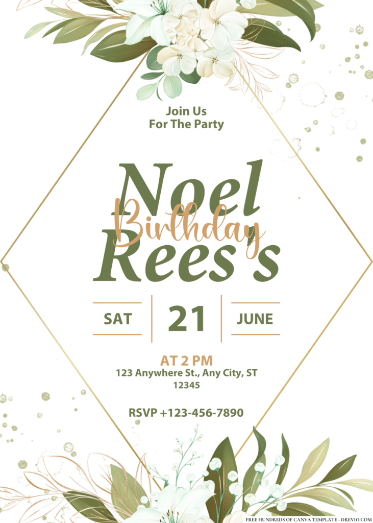 Watercolor Floral Greeny Gold Line Birthday Invitations