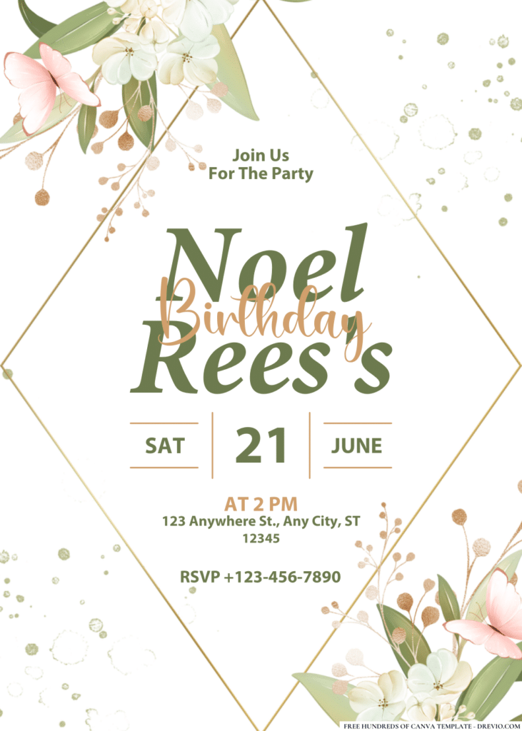 Watercolor Floral Greeny Gold Line Birthday Invitations