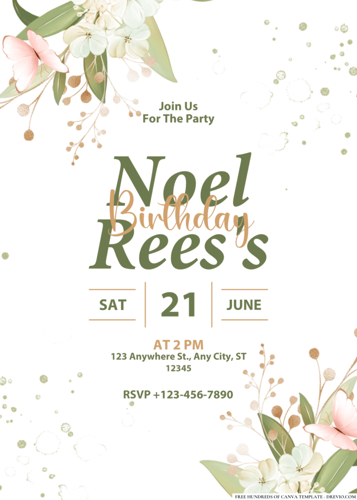 Watercolor Floral Greeny Gold Line Birthday Invitations