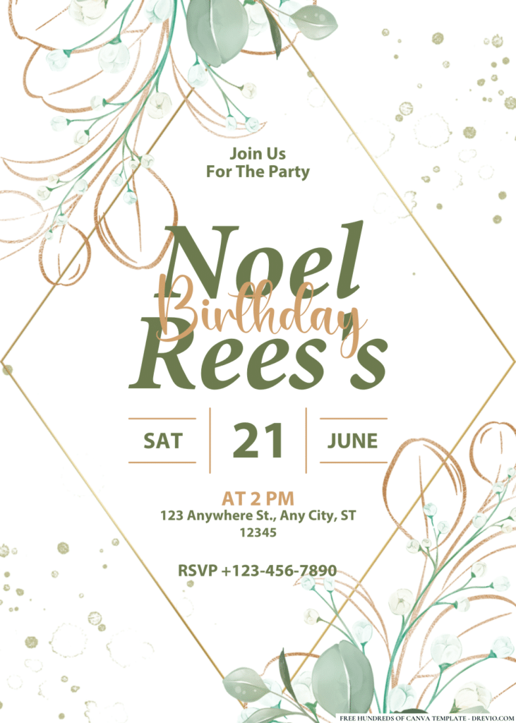 Watercolor Floral Greeny Gold Line Birthday Invitations