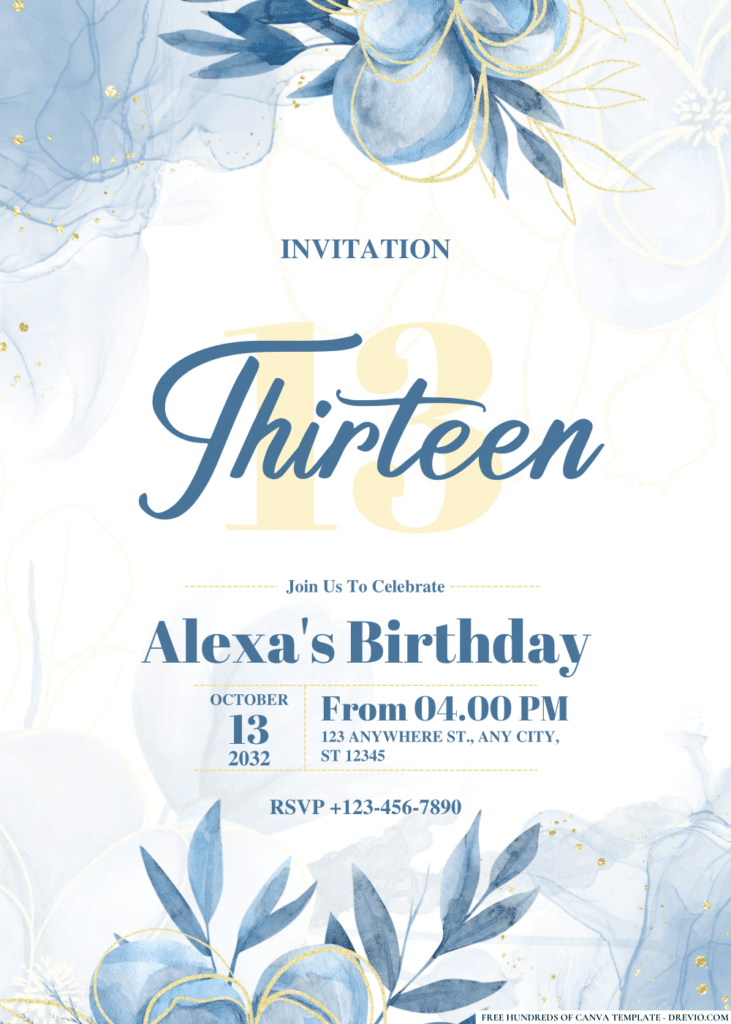 Watercolor Blue Magnolia Flower Birthday Invitations