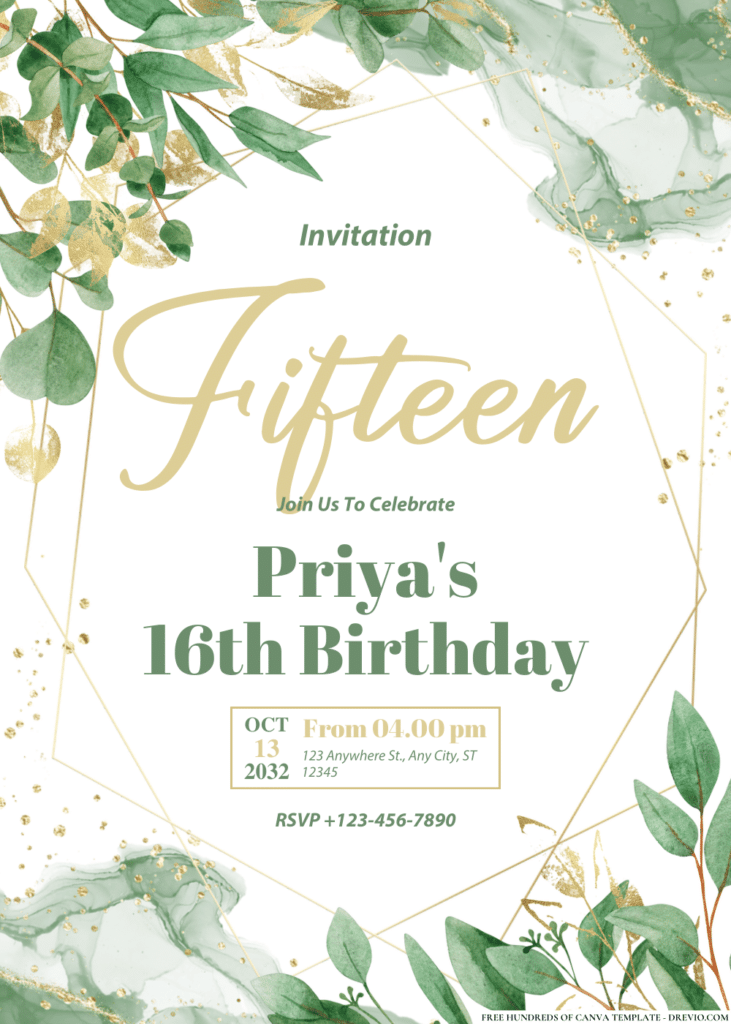 Eucalyptus Green and Gold Leaves Birthday Invitations